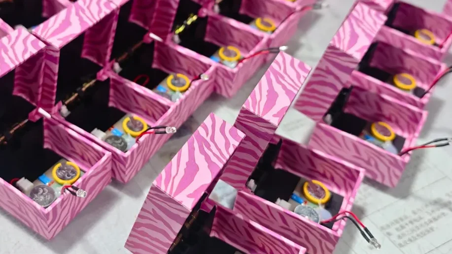 large quantity of pink components arranged in rows