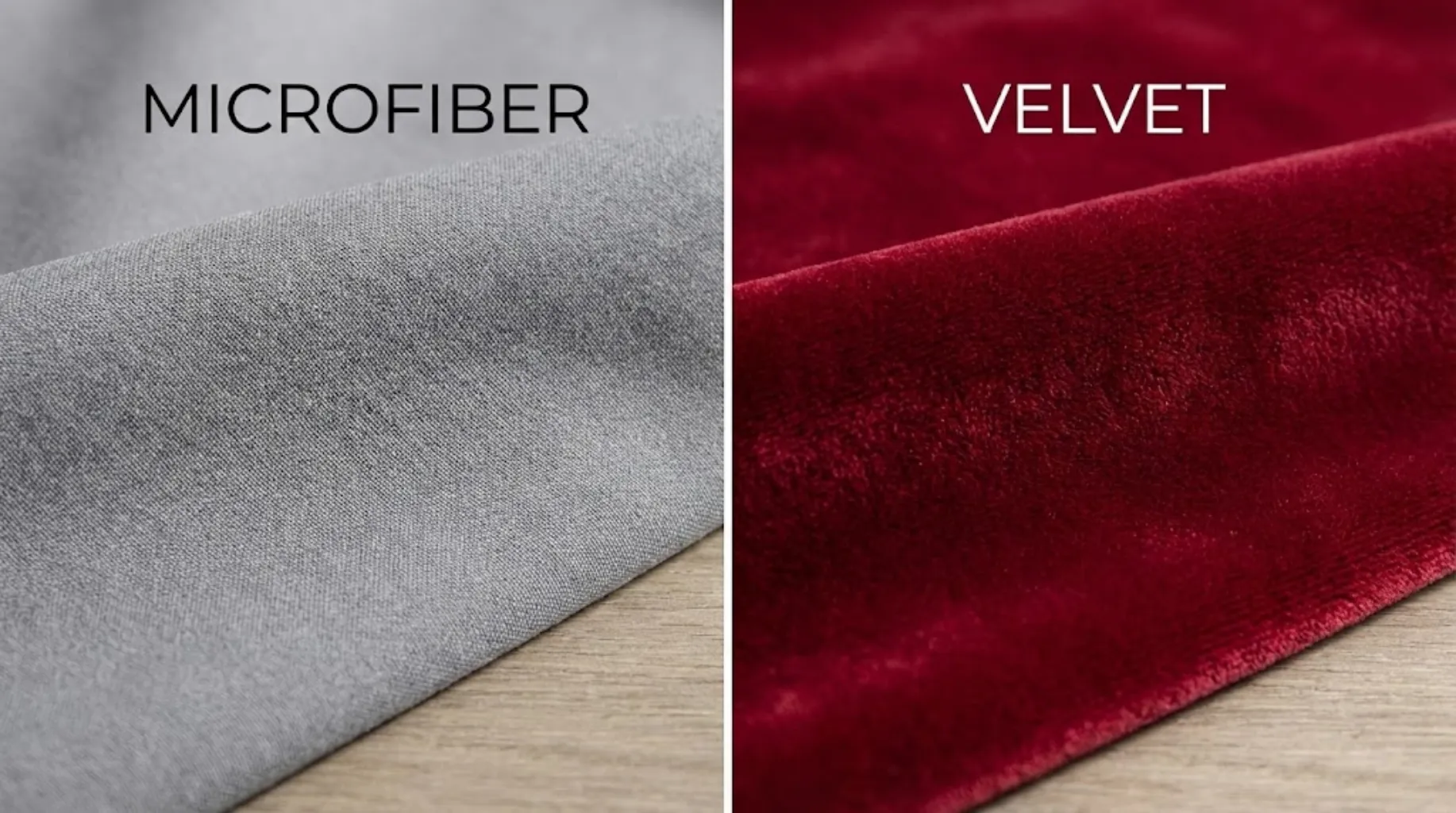 Gray microfiber fabric vs. burgundy velvet fabric texture close-up, jewelry pouch material comparison