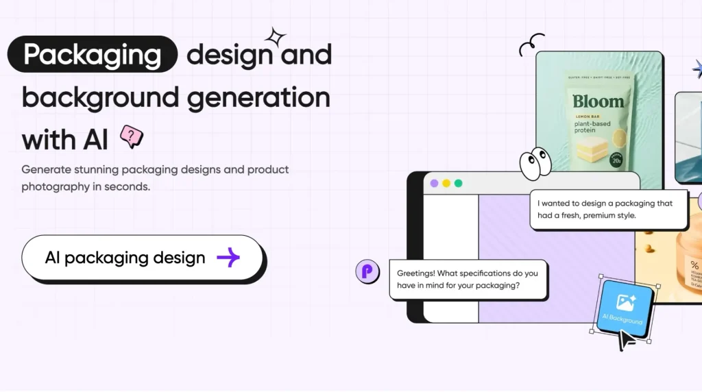 AI packaging design tool: Generate stunning packaging designs & product photography in seconds via AI chat interaction
