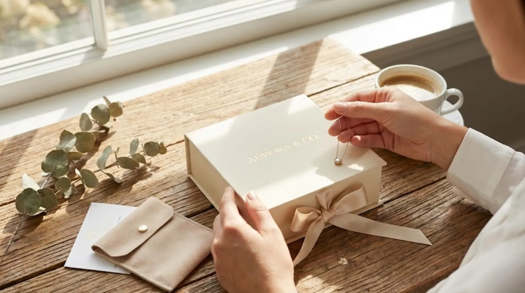 AURORA & CO. cream-colored jewelry box with a necklace, pouch, and card