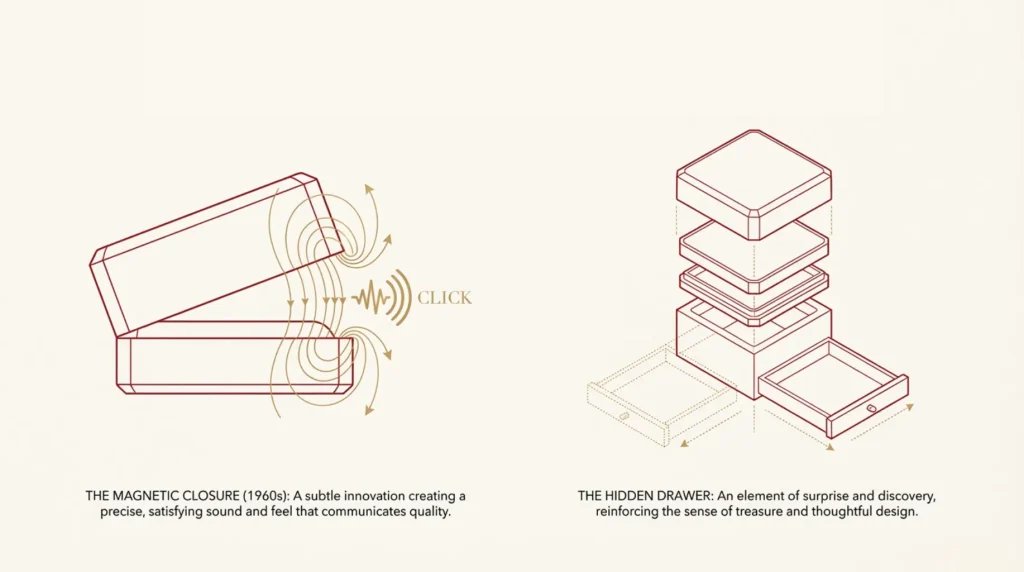 cartier red box magnetic closure hidden drawer innovation