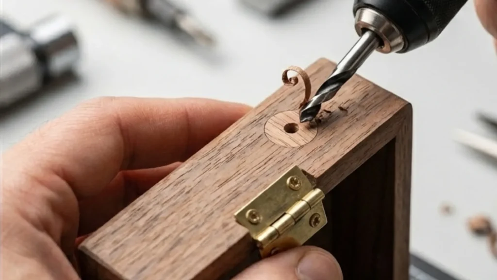 Hand drilling a hole in a wooden jewelry box with a power drill, wood shavings curling