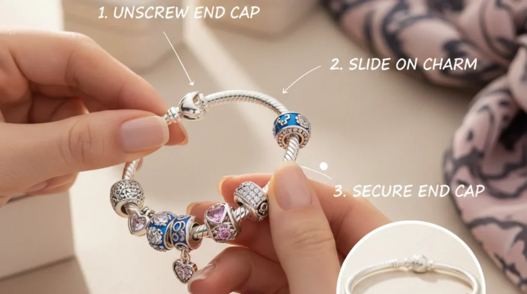 Step-by-step: Adding charm to Pandora bracelet (unscrew end cap, slide charm, secure cap) with silver/blue/pink beads
