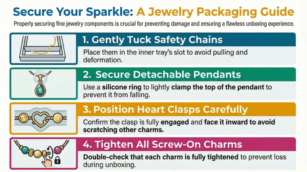 Jewelry packaging guide: 4 steps to secure chains, pendants, clasps & charms for safe unboxing