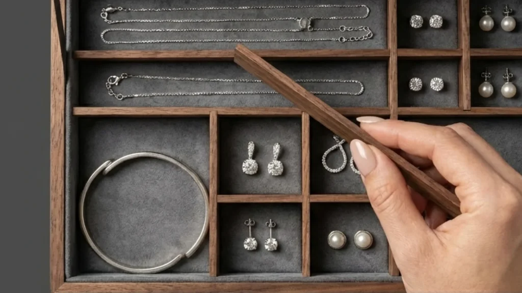 Hand adjusting a divider in a wooden jewelry box, organizing necklaces, earrings, and a bangle