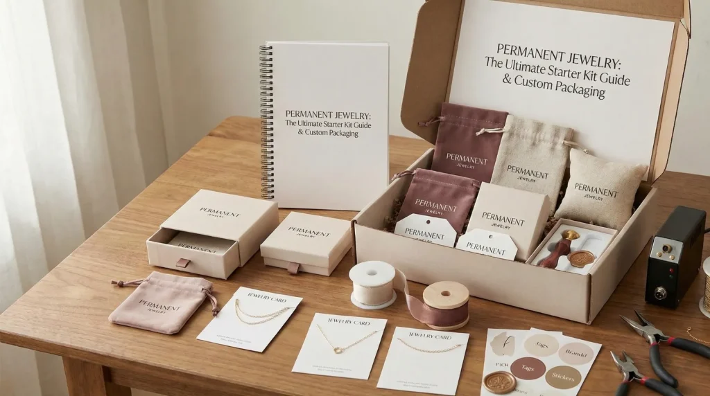 Permanent Jewelry Starter Kit: Guidebook, boxes, pouches, tools, and branding materials.