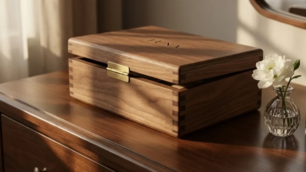 Personalized wooden jewelry box (engraved "LUNA") on a dresser, next to a small flower vase