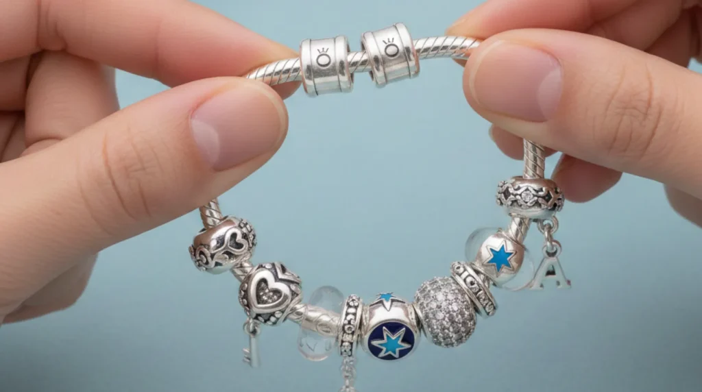 Hands holding a silver charm bracelet: features heart, star, monogram beads & key charm on a twisted chain (light blue background)