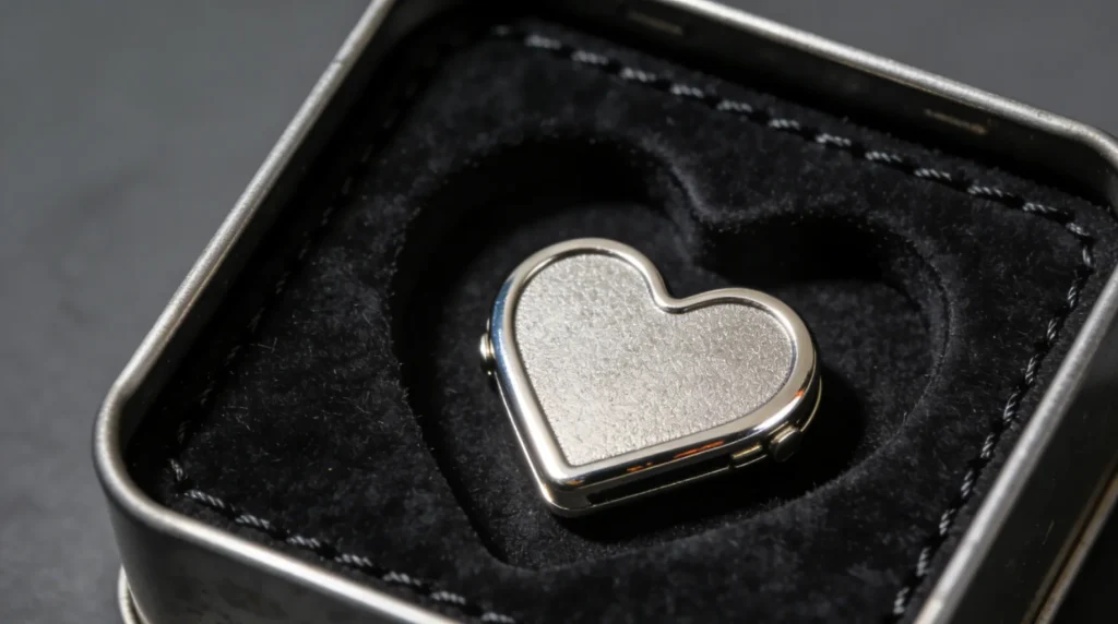 Silver heart-shaped jewelry piece placed in a black velvet-lined metal jewelry box, close-up shot