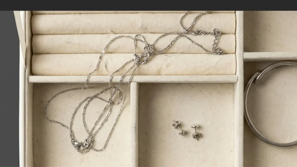 Tangled silver necklace, stud earrings, and bangle in a compartmentalized jewelry box