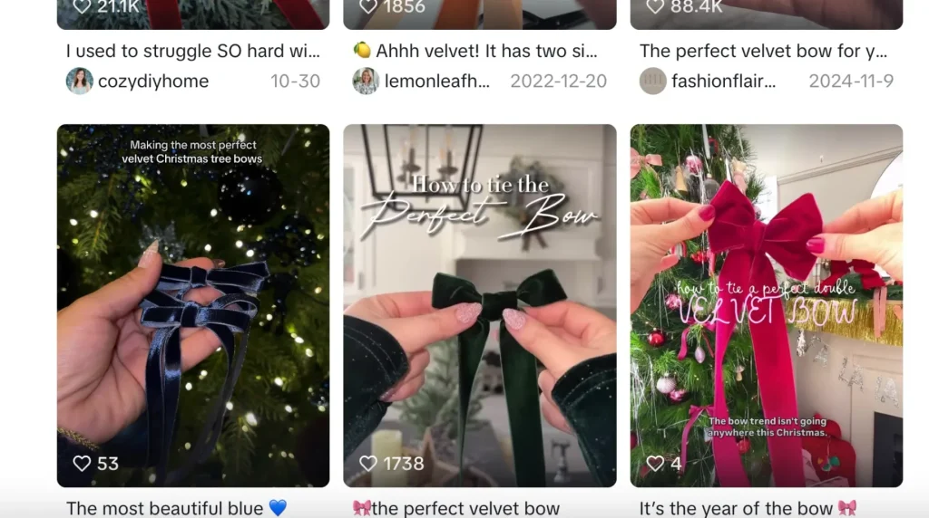 Tutorials for tying perfect velvet bows (Christmas tree, decor) in blue, green, red