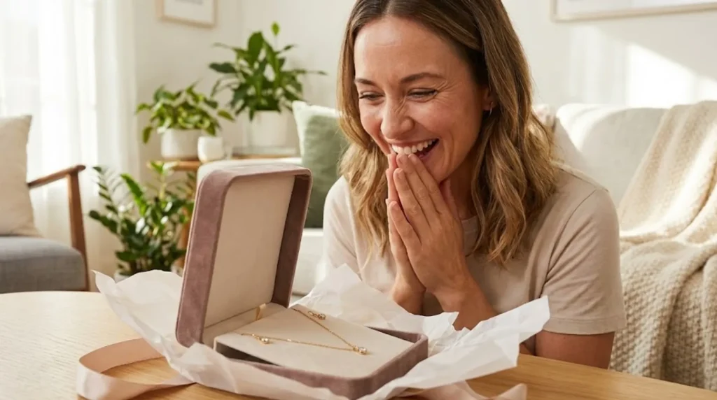 Smiling woman reacting to a jewelry gift while opening the box