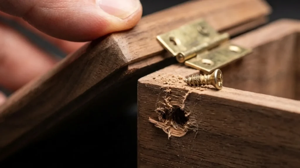 Brass hinge and screw on a wooden box, with wood shavings around the screw hole