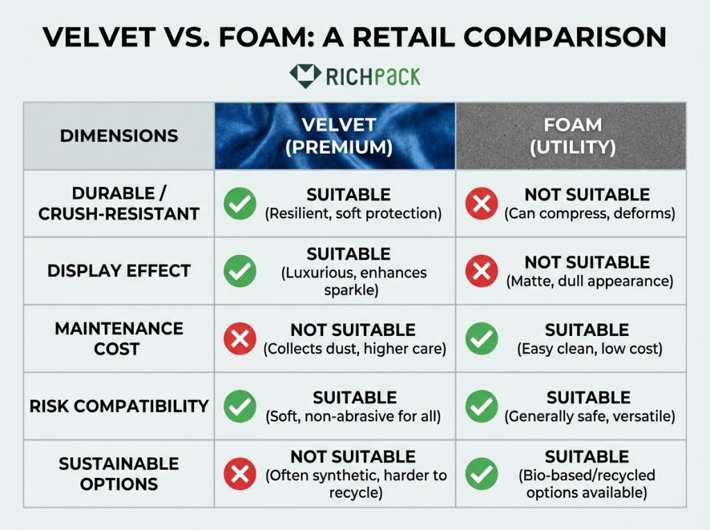 Need to Choose Velvet vs Foam Jewelry Box Inserts for Retail - Comparison of Velvet vs. Foam Inserts