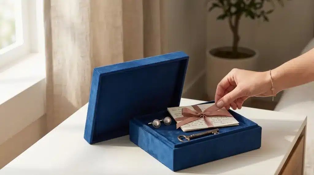 blue velvet box cufflinks vintage key letter