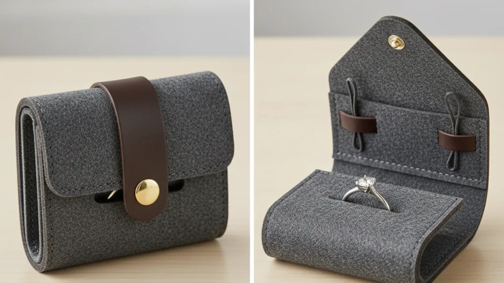 Foldable vs. Rigid Jewelry Packaging: Which Offers Better Portability and Protection? - grey felt ring travel pouch leather strap
