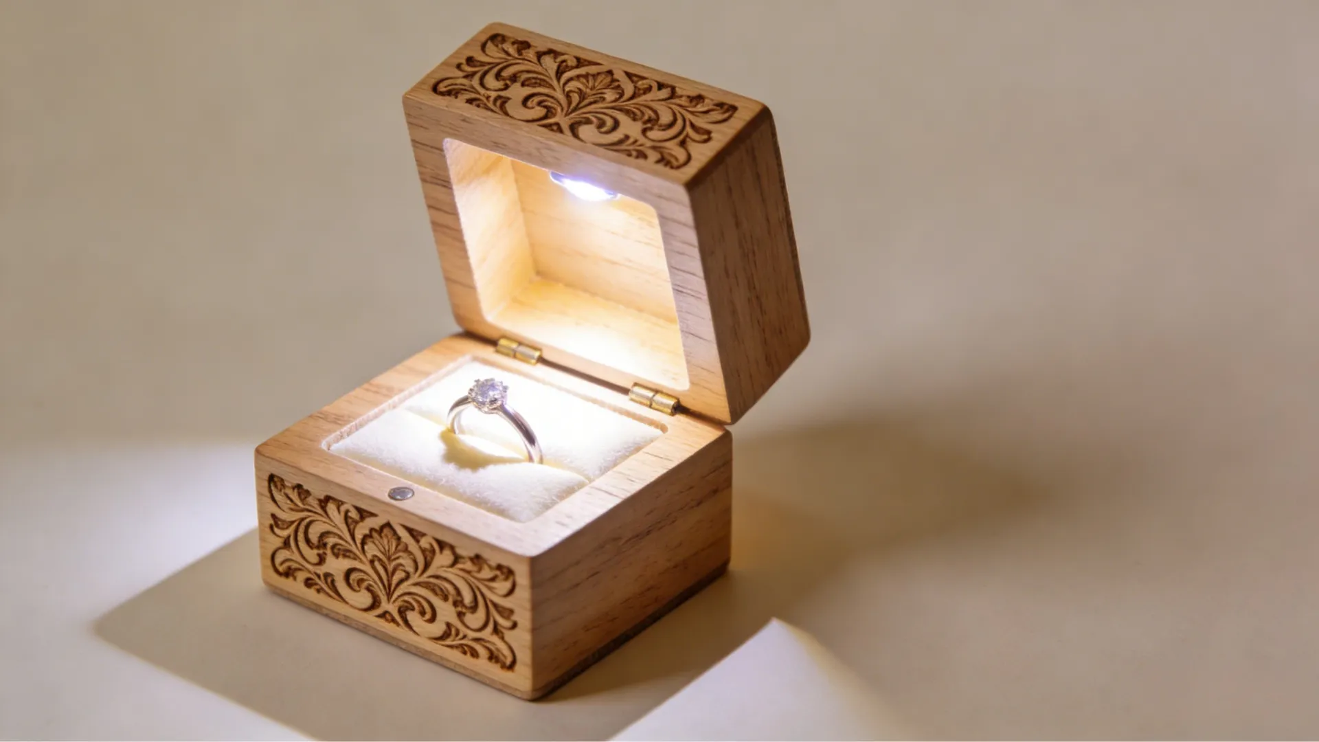 Floral engraved wooden ring box with built-in light