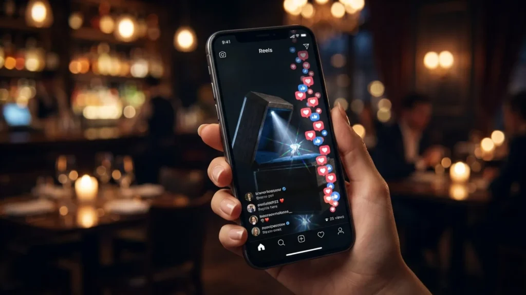 Smartphone showing Instagram Reel of ring box