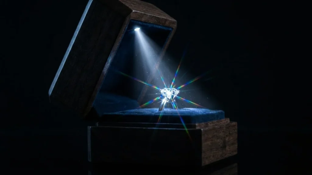 Dark wooden ring box with spotlight on diamond ring