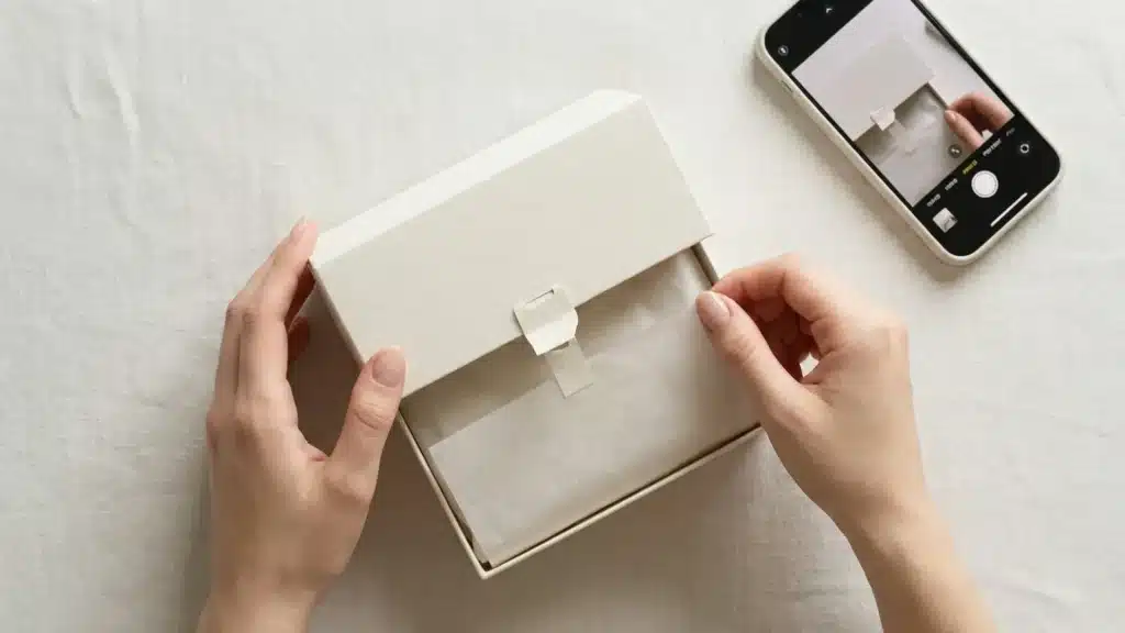 Hands unboxing a soft beige eco-package, with phone filming the process