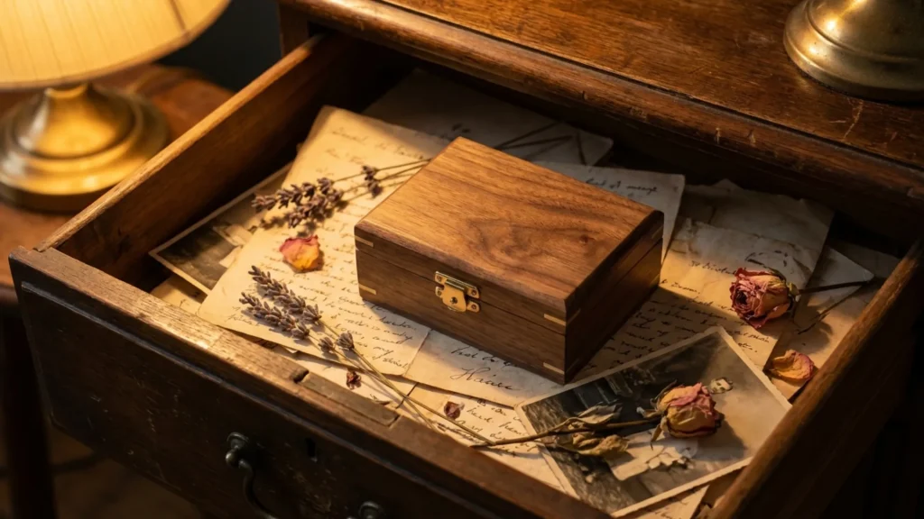 Wooden ring box in vintage drawer with letters and dried flowers