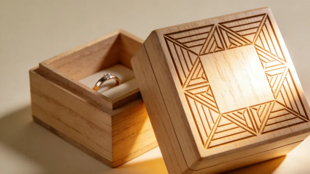 Engraved wooden ring box with a ring inside