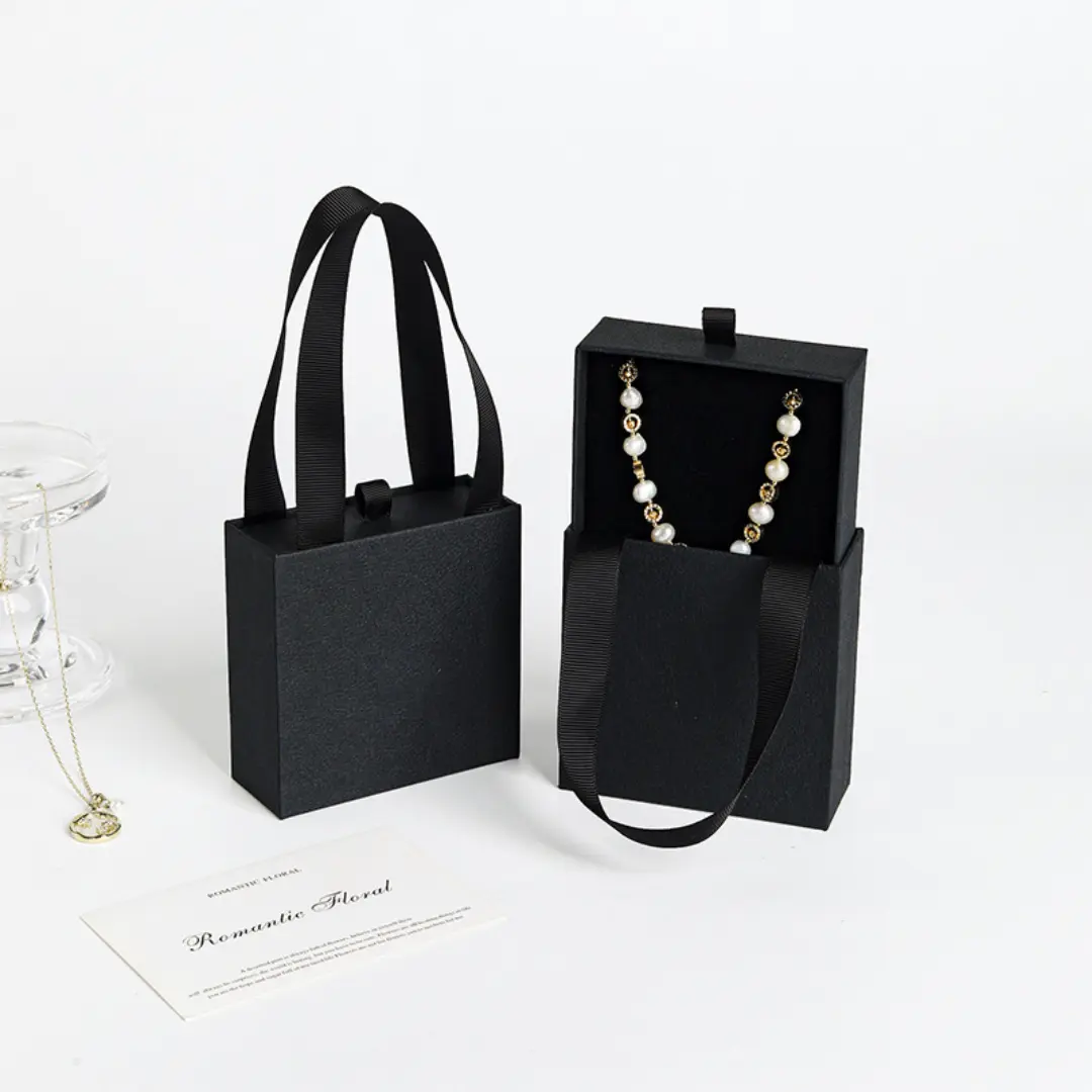 Black Drawer Gift Box with Handle - 9x9x3.5cm Black Sliding Jewelry Packaging Boxes with Handle - Black Drawer Gift Box with Handle (1)