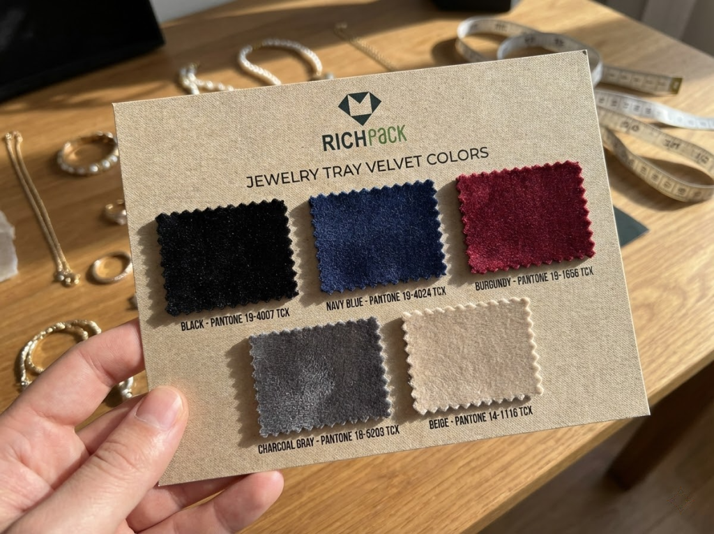 How to Order Custom-Made Jewelry Drawer Tray Box - Color swatch card showing popular jewelry tray velvet colors