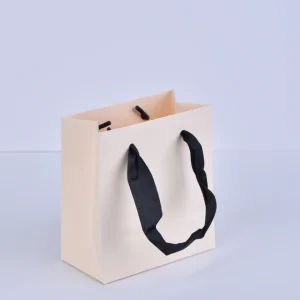 Подарункові пакети з паперу кольору слонової кістки з ручками зі стрічками - Паперові пакети з логотипом на замовлення для ювелірних виробів (11x12x6 см) - Подарункові пакети з паперу кольору слонової кістки з ручками зі стрічками2