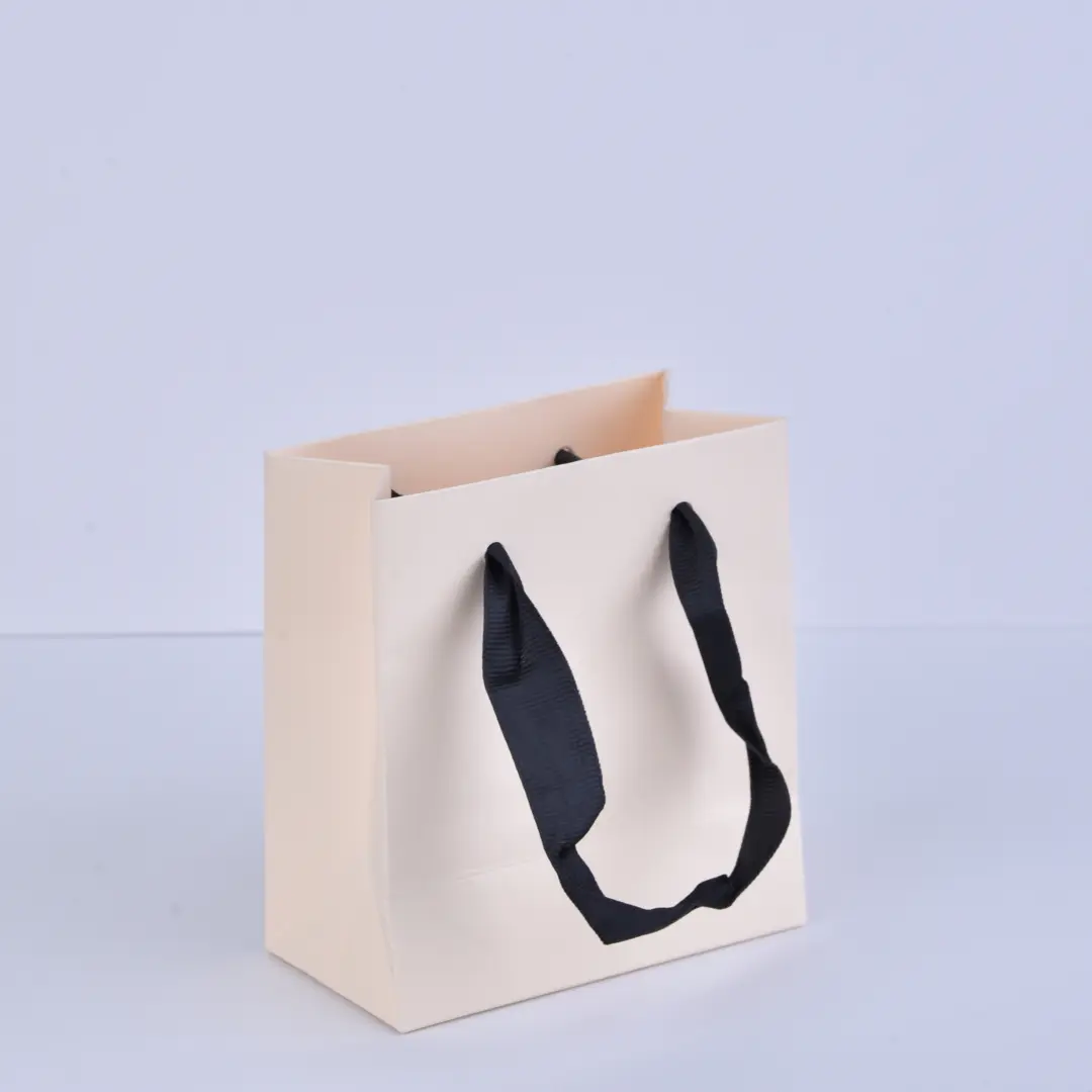 Ivory Matte Paper Gift Bags With Ribbon Handles - Custom Logo Jewelry Paper Bags (11x12x6cm) - Ivory Matte Paper Gift Bags With Ribbon Handles3
