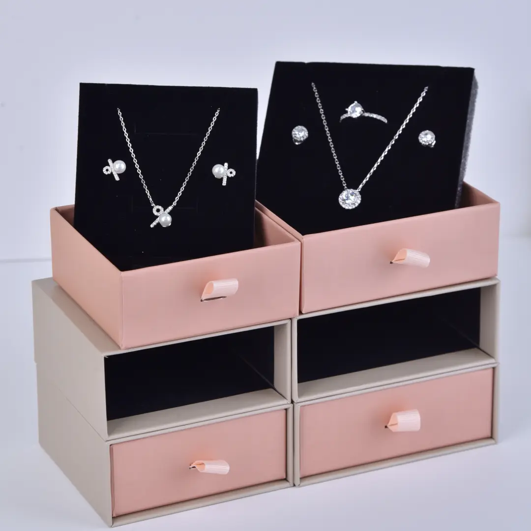 กล่องบรรจุเครื่องประดับแบบลิ้นชักกระดาษ - สีชมพูอิฐ ผลิตจากกระดาษพิเศษ | สามารถพิมพ์โลโก้ตามสั่งได้ - กล่องแข็งทรงลิ้นชักสำหรับเครื่องประดับ