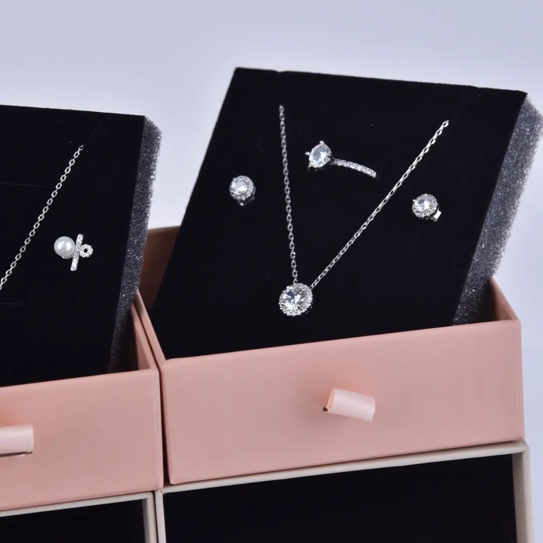 Paper Drawer Jewelry Packaging Box - Brick Pink Specialty Paper | Custom Logo Available - Jewelry Drawer Style Rigid Box3