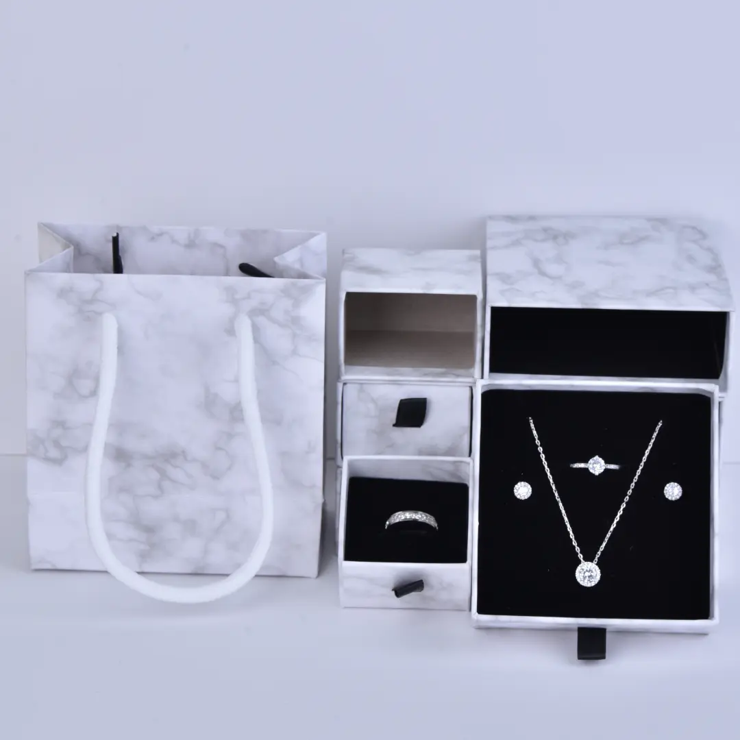 Marble Printing Sliding Jewelry Gift Boxes - 9x9x3.5cm Luxury White Marble Drawer Box Wholesale - Marble Printing Sliding Jewelry Gift Boxes1