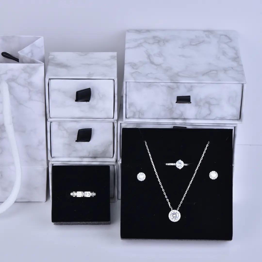 Marble Printing Sliding Jewelry Gift Boxes - 9x9x3.5cm Luxury White Marble Drawer Box Wholesale - Marble Printing Sliding Jewelry Gift Boxes2