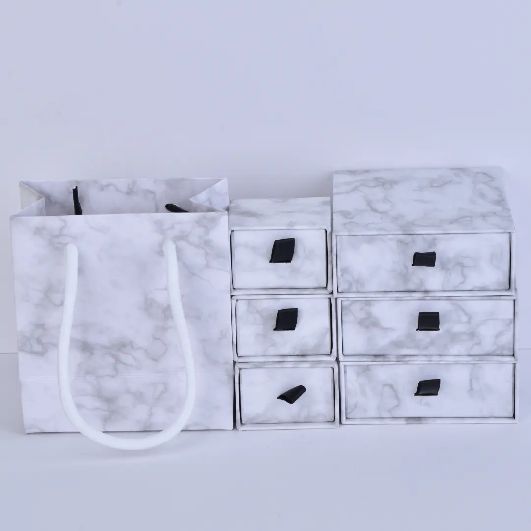 Marble Printing Sliding Jewelry Gift Boxes - 9x9x3.5cm Luxury White Marble Drawer Box Wholesale - Marble Printing Sliding Jewelry Gift Boxes3