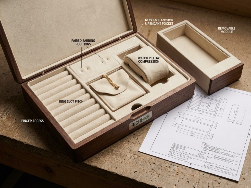 How to Order Custom-Made Jewelry Drawer Tray Box - Plan Finger Access Labels and Removable Modules