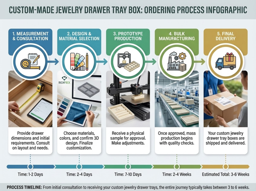 How to Order Custom-Made Jewelry Drawer Tray Box - Step by step infographic showing the complete ordering process from measurement through delivery, with timeline indicators for each phase