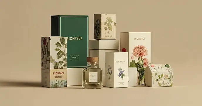 Botanical-themed custom packaging collection by Richpack, featuring eco-friendly boxes and perfume bottle with floral illustrations.