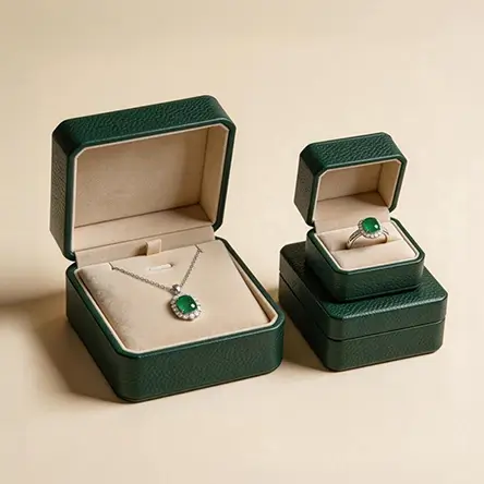 Green leatherette jewelry boxes with beige velvet lining, holding a necklace and ring for fine jewelry presentation.
