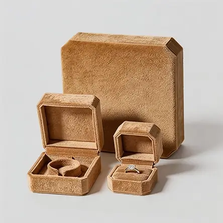 Tan velvet jewelry box set: ring box, bangle box, and large storage box with soft matching lining.