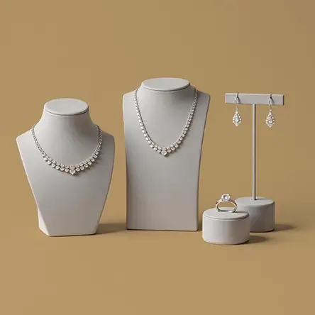 Minimalist light gray jewelry display stands for necklaces, earrings, and rings, showcasing fine diamond jewelry.