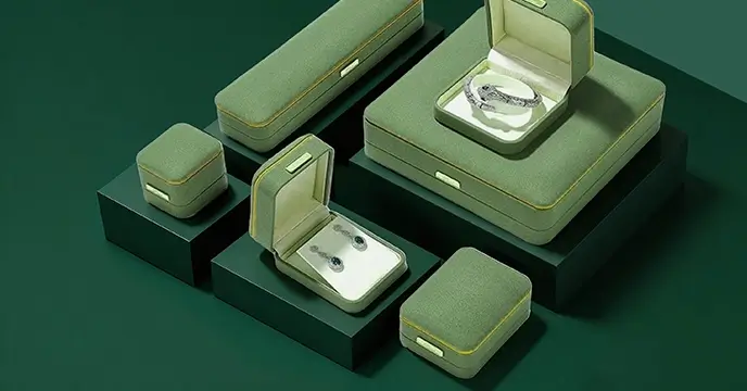 Luxury sage green velvet jewelry box set with gold trim, including ring box, earring box, necklace box, and bangle box. Premium custom packaging for fine jewelry brands, showcasing elegant unboxing experience.