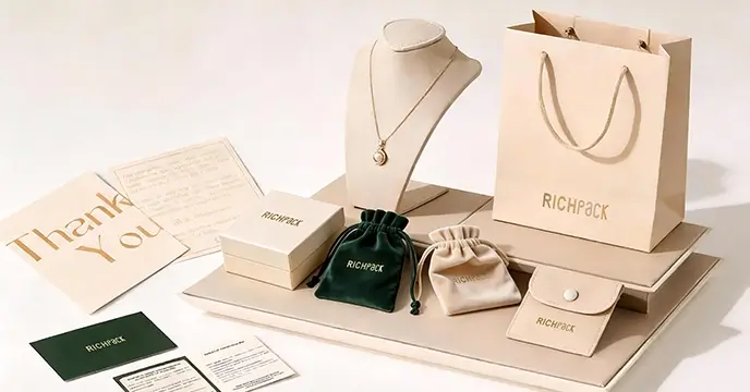 Complete luxury jewelry packaging set by Richpack: beige boxes, velvet pouches, paper bag, and branded stationery for premium unboxing.