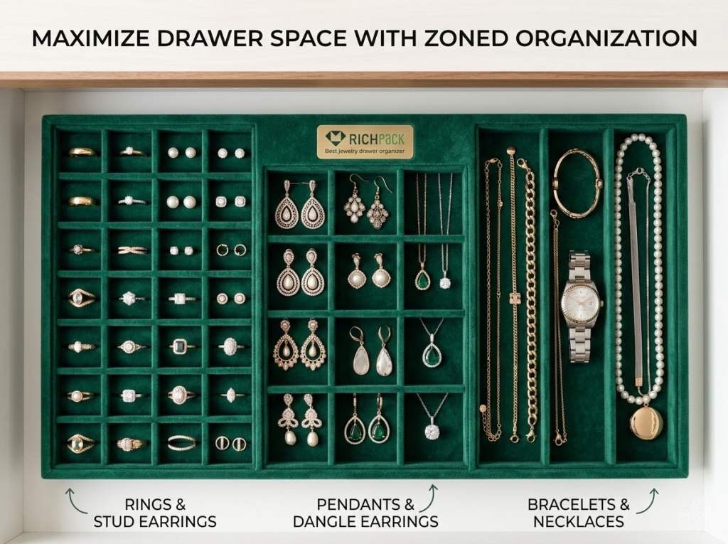 15 of the Best Jewelry Drawer Organizer Solutions in 2026 - Large Multi Compartment Velvet Jewelry Tray