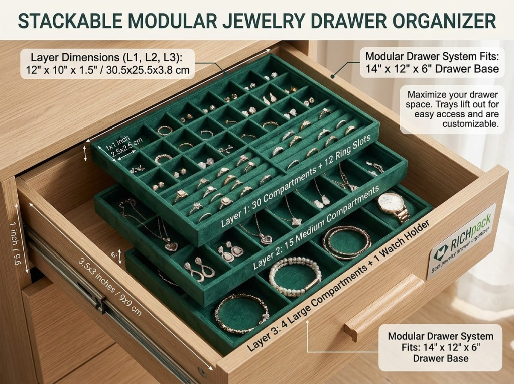 15 of the Best Jewelry Drawer Organizer Solutions in 2026 - Velvet Stackable Jewelry Trays for Drawers