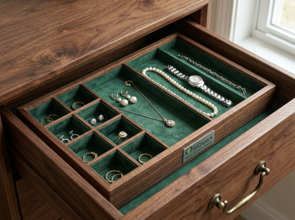 15 of the Best Jewelry Drawer Organizer Solutions in 2026 - Wooden Jewelry Drawer Insert with Velvet Lining