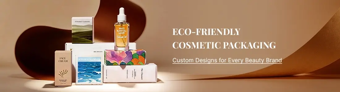 Ensemble d'emballages cosmétiques écologiques comprenant des boîtes imprimées personnalisées, un flacon de sérum et des designs d'emballages de beauté durables.