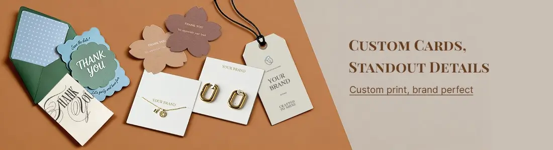 Custom branded cards, tags, and thank-you notes with jewelry display cards, featuring unique shapes and premium printing.