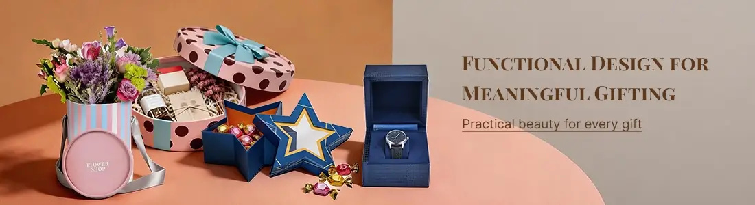 Functional gift packaging set: polka-dot hat box, star-shaped box, watch box, and flower bucket, designed for practical gifting