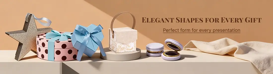 Асортимент елегантних подарункових коробок унікальних форм: у формі зірки, круглі в горошок, бантики, скриньки з ручкою та скриньки для коштовностей у стилі макаронс.